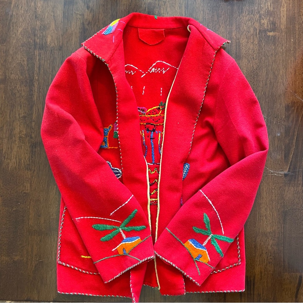 Vintage 40s 50s Mexican Wool Felt Jacket Red Embroidered Womens S - Picture 5 of 10